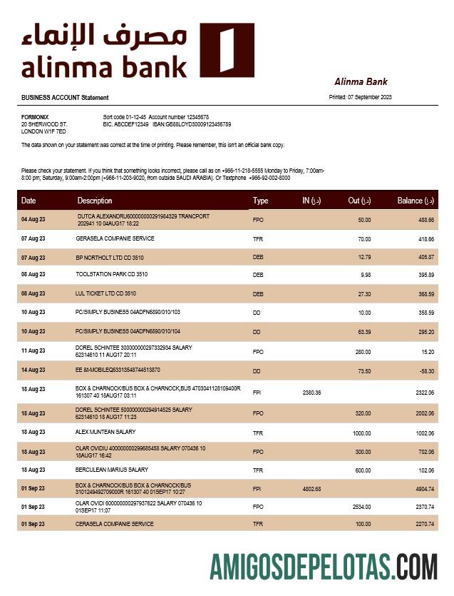 Imprimível Alinma Bank Company Statement modelo Word e PDF